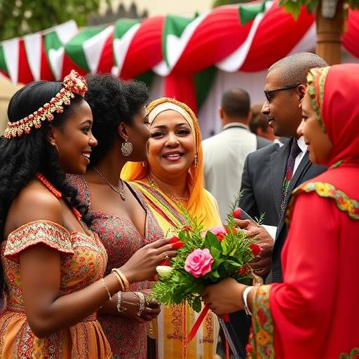 Gruppo di persone di diverse etnie che partecipano a un evento culturale in una piazza italiana, rappresentando l'integrazione multiculturale