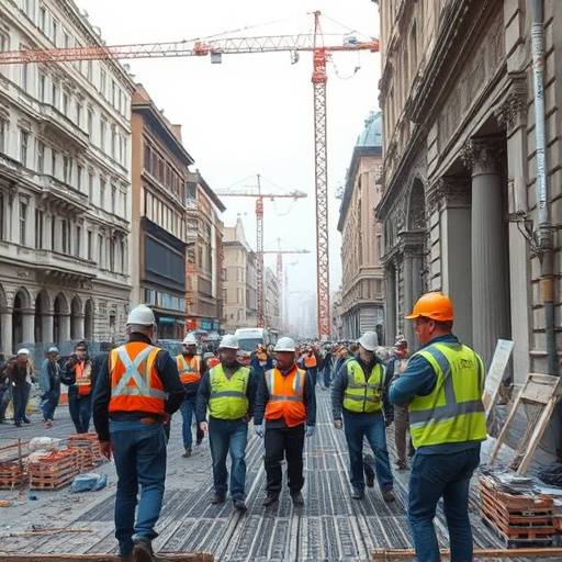 Operai al lavoro in un cantiere edile a Milano.