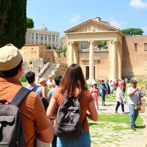 Un turista che visita un sito archeologico in Italia, promuovendo il turismo sostenibile.