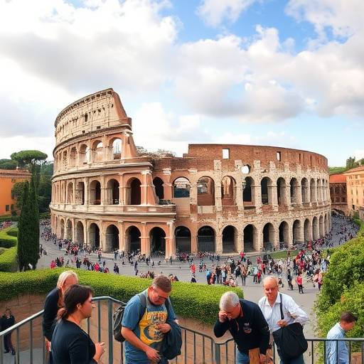 Una vista panoramica di Roma con il Colosseo in primo piano e numerosi turisti